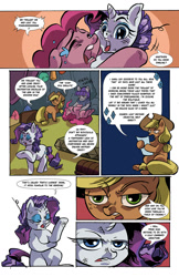 Size: 1024x1583 | Tagged: safe, artist:leavingcrow, imported from derpibooru, applejack, maud pie, pinkie pie, rarity, pony, unicorn, comic:gemmed rarity, comic, crying, messy mane, scratches