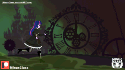 Size: 850x478 | Tagged: safe, artist:minusclass, imported from derpibooru, twilight sparkle, equestria girls, alice madness returns, animated, clock, clothes, dress, female, running, solo