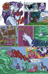 Size: 1024x1583 | Tagged: safe, artist:leavingcrow, imported from derpibooru, pinkie pie, rarity, earth pony, pony, unicorn, comic:gemmed rarity, comic, crying, duo, ocular gushers, pinkie being pinkie, pinkie physics, sad, sugarcube corner, wave, wet, wet mane, wet mane rarity