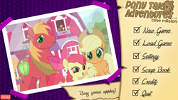 Size: 1920x1080 | Tagged: safe, artist:spookitty, imported from derpibooru, apple bloom, applejack, big macintosh, pinkie pie, pony, fan game, female, filly, game, menu, patreon, patreon logo, pony tale adventures, scroll, sweet apple acres, visual novel