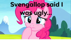 Size: 1366x784 | Tagged: safe, edit, edited screencap, imported from derpibooru, screencap, pinkie pie, pony, the maud couple, abuse, crying, female, implied svengallop, pinkiebuse, sad, solo