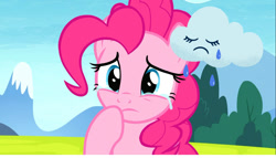 Size: 1366x784 | Tagged: safe, edit, edited screencap, imported from derpibooru, screencap, pinkie pie, the maud couple, cloud, sad