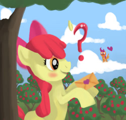 Size: 1128x1077 | Tagged: safe, artist:veobandit, imported from derpibooru, apple bloom, scootaloo, earth pony, pegasus, pony, apple tree, blushing, cloud, cute, female, filly, heart, lesbian, letter, love letter, question mark, scootabloom, shipping, sky, smiling, tree