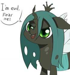 Size: 944x1017 | Tagged: safe, artist:zetamad, imported from derpibooru, queen chrysalis, changeling, changeling queen, adorable face, cute, cutealis, dialogue, fangs, female, simple background, smiling, solo