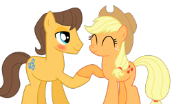 Size: 5094x3080 | Tagged: safe, artist:meandmyideas, edit, imported from derpibooru, applejack, caramel, bedroom eyes, blushing, carajack, eyes closed, female, holding hooves, male, shipping, simple background, straight, transparent background, vector