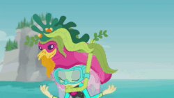 Size: 1280x720 | Tagged: safe, imported from derpibooru, screencap, fluttershy, equestria girls, equestria girls series, unsolved selfie mysteries, animated, clothes, dive mask, female, floaty, fluttershy's wetsuit, rock horse, snorkel, solo, sound, swimsuit, webm, wet, wet hair, wetsuit
