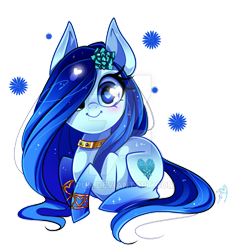 Size: 600x624 | Tagged: safe, artist:ipun, imported from derpibooru, oc, oc only, oc:stikke, earth pony, pony, bracelet, chibi, collar, female, flower, flower in hair, heart eyes, jewelry, mare, prone, simple background, solo, transparent background, watermark, wingding eyes