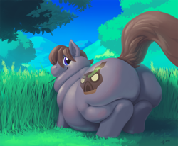 Size: 1280x1056 | Tagged: safe, artist:accidentalaesthetics, imported from derpibooru, oc, oc only, oc:rockall, pony, belly, bhm, big belly, butt, fat, grass, grazing, large butt, looking back, male, morbidly obese, neck roll, obese, plot, rolls of fat, scenery, solo, tree