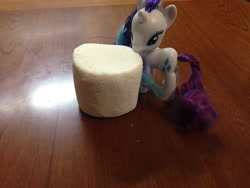 Size: 3264x2448 | Tagged: safe, imported from derpibooru, rarity, pony, unicorn, brushable, cannibalism, cannibalism joke, food, irl, marshmallow, photo, rarity is a marshmallow, toy