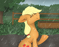 Size: 900x720 | Tagged: safe, artist:zeronitroman, imported from derpibooru, applejack, pony, blonde, female, fence, field, forest, hatless, missing accessory, rain, solo, summer, tree