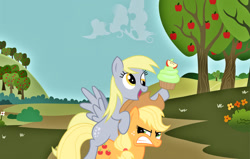 Size: 1024x651 | Tagged: safe, artist:danleman14, edit, imported from derpibooru, applejack, derpy hooves, angry, apple tree, cupcake, derpy riding applejack, food, ponies riding ponies, riding, tree