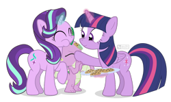 Size: 1000x595 | Tagged: safe, artist:dm29, imported from derpibooru, spike, starlight glimmer, twilight sparkle, alicorn, dragon, pony, unicorn, abuse, chocolate chip cookie, cookie, eating, female, food, glowing horn, magic, male, mare, simple background, spikeabuse, telekinesis, transparent background, twilight sparkle (alicorn), winged spike, wings