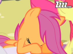 Size: 512x380 | Tagged: safe, edit, edited screencap, imported from derpibooru, screencap, apple bloom, scootaloo, cute, cutealoo, sleeping, solo focus, zzz