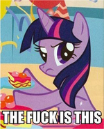 Size: 150x185 | Tagged: safe, edit, imported from derpibooru, twilight sparkle, pony, angry, cake, female, food, frown, hat, image macro, looking at you, mare, meme, party hat, picture for breezies, reaction image, solo, vulgar, wtf