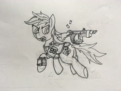 Size: 4032x3024 | Tagged: safe, artist:1438, imported from derpibooru, oc, oc only, oc:blackjack, pony, unicorn, fallout equestria, fallout equestria: project horizons, combat shotgun, fanfic art, female, mare, simple background, solo, traditional art, wip