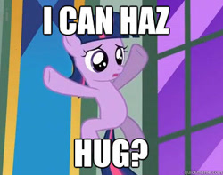 Size: 404x319 | Tagged: safe, edit, edited screencap, imported from derpibooru, screencap, twilight sparkle, pony, unicorn, the cutie mark chronicles, cute, female, filly, filly twilight sparkle, hug request, i can has, image macro, meme, solo, twiabetes, younger