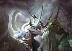 Size: 2198x1578 | Tagged: safe, artist:begasus, imported from derpibooru, nightmare moon, queen chrysalis, alicorn, changeling, changeling queen, armor, chrysmoon, female, lesbian, mare, shipping, smiling