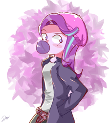 Size: 2897x3250 | Tagged: safe, artist:noahther, imported from derpibooru, starlight glimmer, human, equestria girls, abstract background, beanie, bubblegum, clothes, female, food, gum, hat, solo