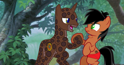 Size: 2448x1289 | Tagged: safe, artist:jadedapegasus, edit, edited screencap, imported from derpibooru, screencap, earth pony, original species, pony, python, snake, snake pony, unicorn, 1000 hours in ms paint, angry, bald, base used, coconut, crossover, disney, food, green eyes, holding hooves, imminent vore, jungle, kaa, male, mowgli, multicolored eyes, ponified, snek, the jungle book, tree branch