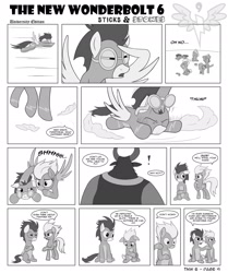 Size: 1600x1917 | Tagged: safe, artist:marmorexx, imported from derpibooru, fleetfoot, high winds, lord tirek, soarin', spitfire, surprise, pony, comic:the new wonderbolt, comic, exclamation point, goggles, monochrome