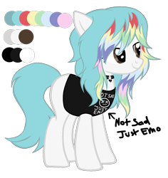 Size: 1283x1358 | Tagged: safe, artist:magicdarkart, artist:space--paws0w0, imported from derpibooru, oc, oc only, oc:dawn (ice1517), earth pony, pony, choker, clothes, dyed hair, dyed mane, emo, female, mare, reference sheet, shirt, simple background, solo, t-shirt, transparent background, watermark