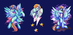 Size: 4053x2000 | Tagged: safe, artist:dragonataxia, imported from derpibooru, lightning dust, pegasus, pony, blue background, bust, female, goggles, grin, mare, rearing, simple background, smiling, solo