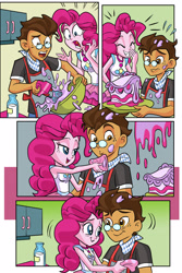 Size: 1710x2554 | Tagged: safe, artist:art-2u, imported from derpibooru, pinkie pie, oc, oc:copper plume, comic:the copperpie chronicles, comic:the copperpie chronicles - sweet craving, equestria girls, equestria girls series, apron, baking, blushing, cake, canon x oc, clothes, comic, commission, commissioner:imperfectxiii, copperpie, female, food, freckles, glasses, kitchen, male, mixer, neckerchief, shirt, smiling, straight