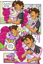 Size: 1710x2554 | Tagged: safe, artist:art-2u, imported from derpibooru, pinkie pie, oc, oc:copper plume, comic:the copperpie chronicles, comic:the copperpie chronicles - sweet craving, equestria girls, equestria girls series, apron, blushing, cake, canon x oc, clothes, comic, commission, commissioner:imperfectxiii, copperpie, female, food, freckles, glasses, kissing, kitchen, male, neckerchief, shirt, smiling, straight, text