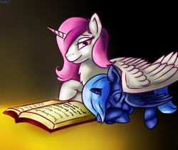 Size: 2250x1900 | Tagged: safe, artist:dukevonkessel, deleted from derpibooru, imported from derpibooru, princess celestia, princess luna, alicorn, pony, book, female, horn, lidded eyes, mare, royal sisters, sleeping, smiling, wings