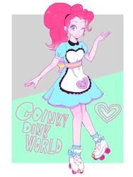 Size: 768x1024 | Tagged: safe, artist:kagitsuki, imported from derpibooru, pinkie pie, coinky-dink world, eqg summertime shorts, equestria girls, abstract background, clothes, cute, diapinkes, female, heart, one eye closed, roller skates, server pinkie pie, simple background, solo, wink