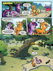 Size: 768x1024 | Tagged: safe, artist:pencils, idw, imported from derpibooru, applejack, twilight sparkle, alicorn, earth pony, pony, spoiler:comic, spoiler:comic69, apple orchard, apple tree, comic, duo, female, mare, official comic, preview, speech bubble, tree, twilight sparkle (alicorn)