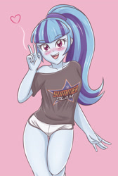 Size: 2244x3341 | Tagged: safe, artist:sumin6301, imported from derpibooru, sonata dusk, equestria girls, blushing, clothes, cute, heart, open mouth, peace sign, pink background, shirt, shorts, simple background, sonatabetes, wwe