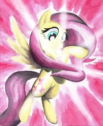 Size: 1024x1251 | Tagged: safe, artist:astevenamedwolf, imported from derpibooru, fluttershy, pegasus, pony, element of kindness, female, glow, glowing, mare, scene interpretation, smiling, solo, traditional art