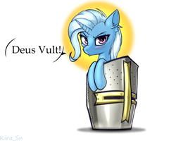 Size: 2500x2000 | Tagged: safe, artist:kirasunnight, imported from derpibooru, trixie, pony, unicorn, deus vult, female, helmet, looking at you, mare, solo, sun