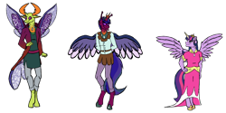 Size: 1800x900 | Tagged: safe, artist:percy-mcmurphy, imported from derpibooru, thorax, twilight sparkle, oc, oc:alistair, alicorn, anthro, changedling, changeling, changepony, hybrid, unguligrade anthro, antennae, antlers, clothes, colored sclera, crown, dress, female, hoof shoes, horn, insect wings, interspecies offspring, jewelry, king thorax, male, next generation, offspring, parent:thorax, parent:twilight sparkle, parents:twirax, regalia, shipping, simple background, size difference, smiling, straight, tongue out, transparent background, trio, twilight sparkle (alicorn), twirax, wings