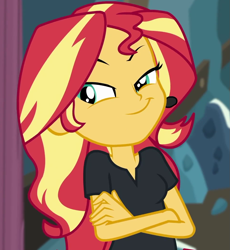 Size: 953x1036 | Tagged: safe, imported from derpibooru, screencap, sunset shimmer, all the world's off stage, equestria girls, equestria girls series, all the world's off stage: twilight sparkle, cropped, faic, smug, smugset shimmer