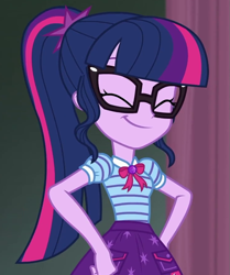 Size: 747x892 | Tagged: safe, imported from derpibooru, screencap, sci-twi, twilight sparkle, all the world's off stage, equestria girls, equestria girls series, ^^, all the world's off stage: twilight sparkle, clothes, cropped, cute, eyes closed, female, geode of telekinesis, glasses, hand on hip, happy, jewelry, pendant, pockets, polo shirt, ponytail, skirt, smiling, solo, twiabetes