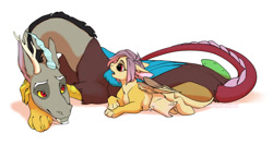 Size: 1384x737 | Tagged: safe, artist:kerydarling, artist:rrusha, imported from derpibooru, discord, oc, oc:ellen, draconequus, hybrid, father and daughter, female, interspecies offspring, male, offspring, parent:discord, parent:fluttershy, parents:discoshy, simple background, white background