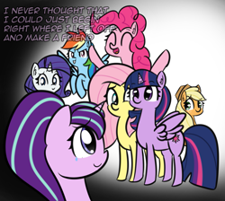 Size: 1397x1252 | Tagged: safe, artist:artiks, imported from derpibooru, applejack, fluttershy, pinkie pie, rainbow dash, rarity, starlight glimmer, twilight sparkle, alicorn, earth pony, pegasus, pony, unicorn, the cutie re-mark, friends are always there for you, mane six, scene interpretation, twilight sparkle (alicorn)