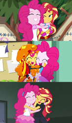 Size: 1220x2076 | Tagged: safe, edit, imported from derpibooru, screencap, pinkie pie, sunset shimmer, all the world's off stage, eqg summertime shorts, equestria girls, equestria girls series, legend of everfree, the art of friendship, all the world's off stage: pinkie pie, best friends, clothes, cute, diapinkes, duo, eyes closed, female, geode of sugar bombs, happy, hug, magical geodes, paint, shimmerbetes, smiling, sunpie