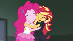 Size: 1920x1080 | Tagged: safe, imported from derpibooru, screencap, pinkie pie, sunset shimmer, all the world's off stage, equestria girls, equestria girls series, all the world's off stage: pinkie pie, clothes, cute, diapinkes, duo, eyes closed, female, geode of sugar bombs, hug, magical geodes, shimmerbetes, shipping fuel, smiling