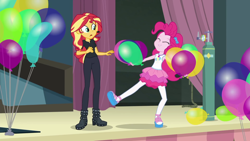 Size: 1920x1080 | Tagged: safe, imported from derpibooru, screencap, pinkie pie, sunset shimmer, all the world's off stage, equestria girls, equestria girls series, all the world's off stage: pinkie pie, balloon, geode of sugar bombs, helium tank, stage, that pony sure does love balloons