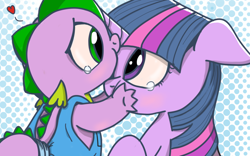 Size: 960x600 | Tagged: safe, artist:mamatwilightsparkle, imported from derpibooru, spike, twilight sparkle, baby, baby spike, crying, cute, forehead kiss, kissing, mama twilight, platonic kiss, weapons-grade cute