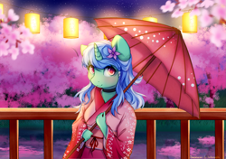 Size: 2559x1801 | Tagged: safe, artist:kottonashi, artist:sweesear, imported from derpibooru, oc, oc only, oc:natsumi, anthro, unicorn, anthro oc, blue hair, cherry blossoms, clothes, collaboration, digital art, dress, female, festival, flower, flower blossom, flower in hair, green coat, high res, kimono (clothing), lantern, mare, night, paper lantern, pink eyes, signature, solo, umbrella, wagasa, ych result