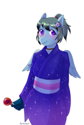 Size: 1840x2717 | Tagged: safe, artist:ptiza, imported from derpibooru, oc, oc only, oc:sorako, anthro, pegasus, anthro oc, candy, clothes, female, food, kimono (clothing), lollipop, mare, purple eyes, yukata