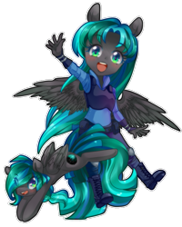 Size: 755x943 | Tagged: safe, artist:loyaldis, imported from derpibooru, oc, oc only, oc:crystal song, anthro, pegasus, pony, anthro with ponies, black coat, chibi, clothes, cute, female, looking at you, pagedoll, police officer, police uniform, ponified, simple background, smiling, teal eyes, teal hair, transparent background, waving