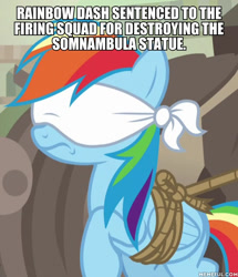 Size: 600x697 | Tagged: safe, edit, edited screencap, imported from derpibooru, screencap, rainbow dash, daring done?, blindfold, bondage, bound wings, caption, downvote bait, execution, image macro, lies, meme, memeful.com, rope, tied up, unsexy bondage