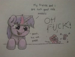 Size: 3264x2448 | Tagged: safe, artist:ljdamz1119, imported from derpibooru, pinkie pie, twilight sparkle, alicorn, earth pony, pony, dialogue, duo, female, mare, traditional art, vulgar
