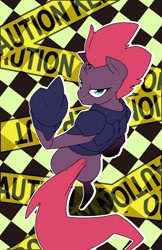Size: 792x1224 | Tagged: safe, artist:graphic-lee, imported from derpibooru, tempest shadow, pony, unicorn, armor, broken horn, caution tape, female, looking at you, looking back, looking back at you, mare