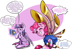 Size: 1500x1000 | Tagged: safe, artist:brother-lionheart, imported from derpibooru, pinkie pie, twilight sparkle, alicorn, earth pony, pony, yakity-sax, cargo ship, glowing horn, magic, shipping, telekinesis, twilight sparkle (alicorn), wat, yovidaphone, yovidapie